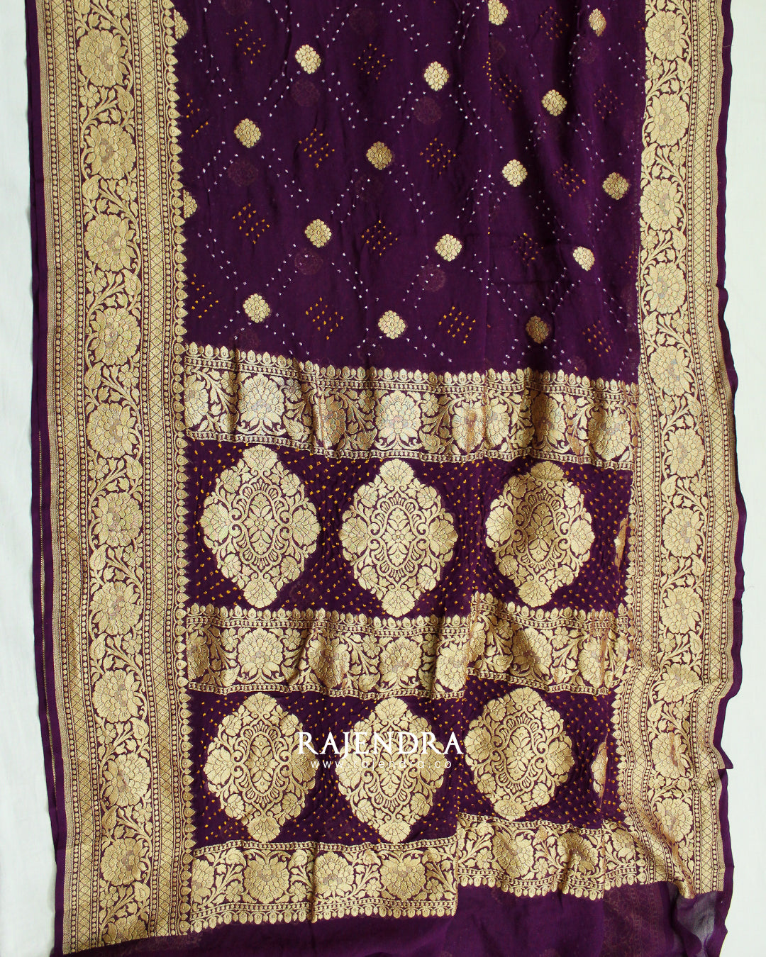 Traditional Pure Georgette Brinjal Palav Banarasi Bandhani Saree
