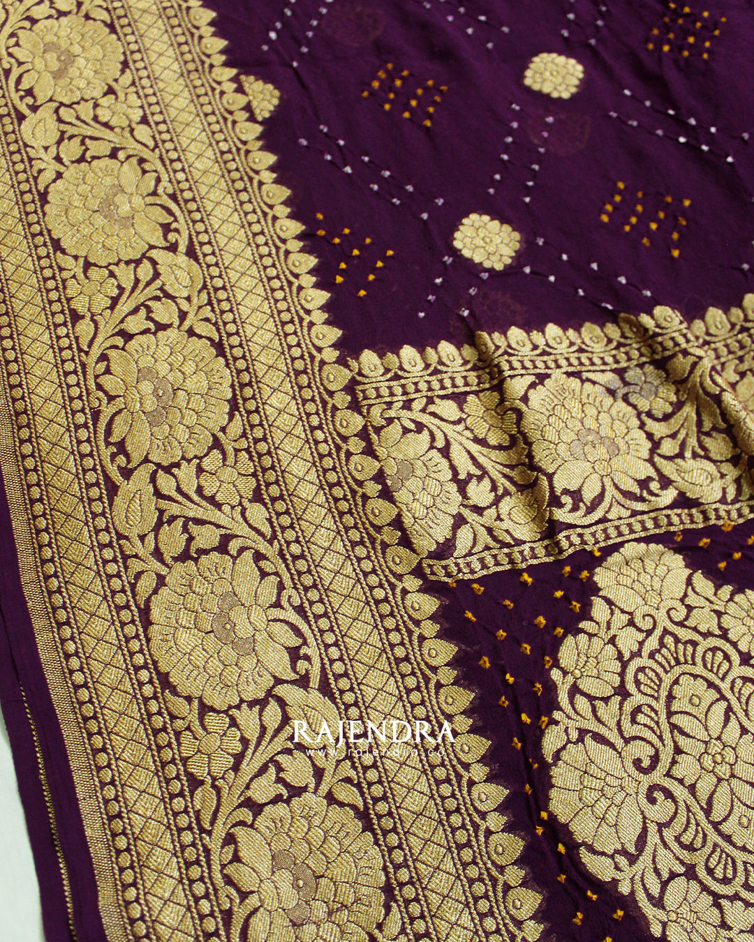 Traditional Pure Georgette Brinjal Palav Banarasi Bandhani Saree