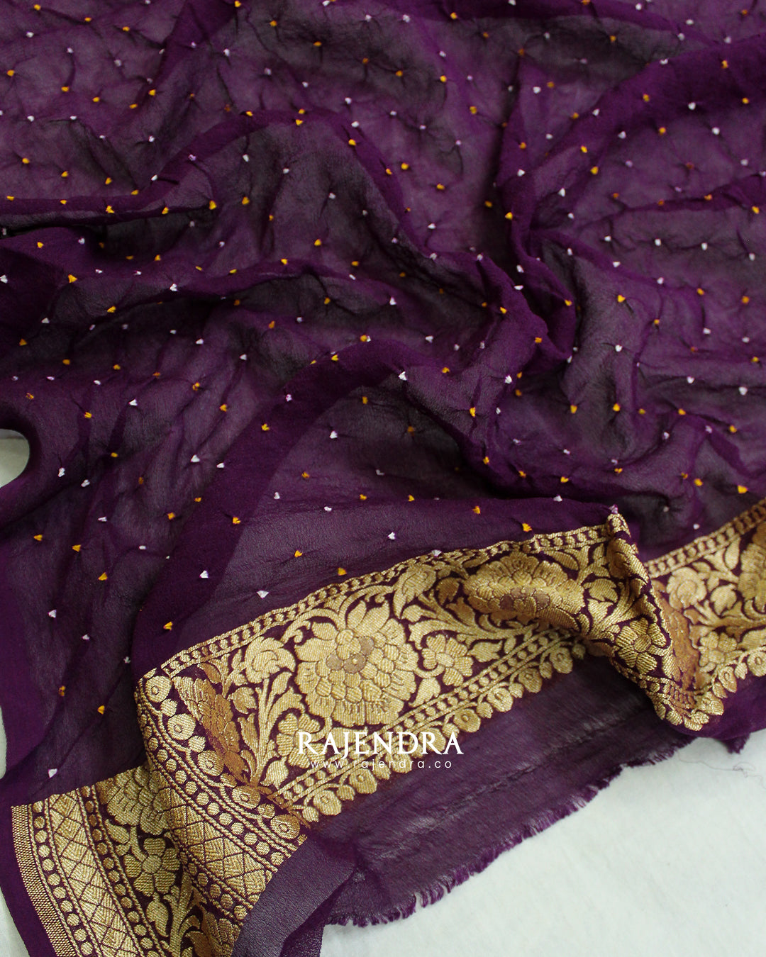 Traditional Pure Georgette Brinjal Palav Banarasi Bandhani Saree