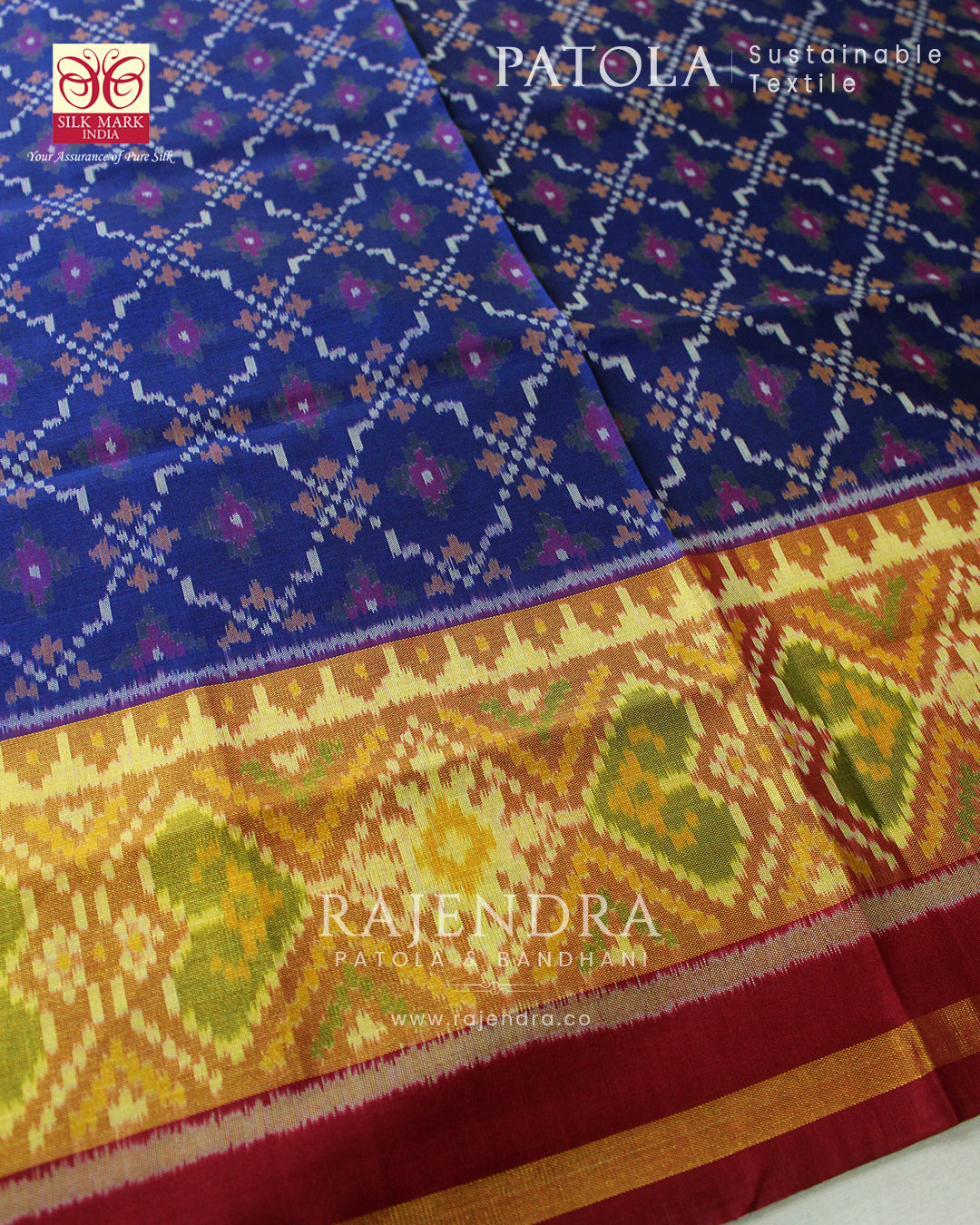 Traditional Buttonful Bhat Red and Blue Single Ikat Rajkot Patola Saree