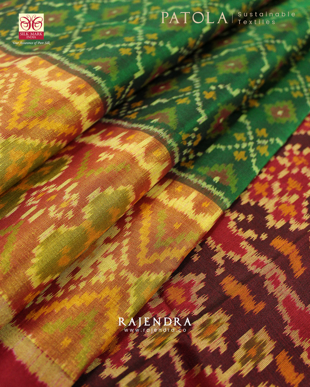 Traditional Buttonful Bhat Red and Green Single Ikat Rajkot Patola Saree