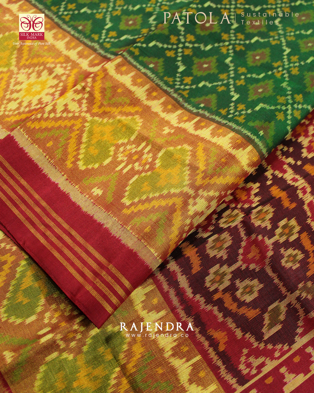 Traditional Buttonful Bhat Red and Green Single Ikat Rajkot Patola Saree