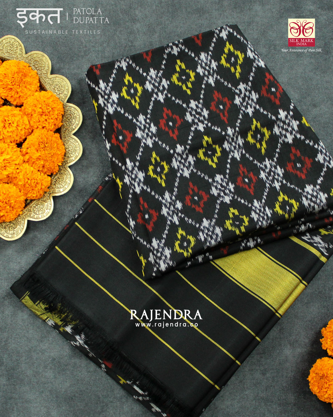 Traditional Buttonful Bhat Black Single Ikat Rajkot Patola Dupatta