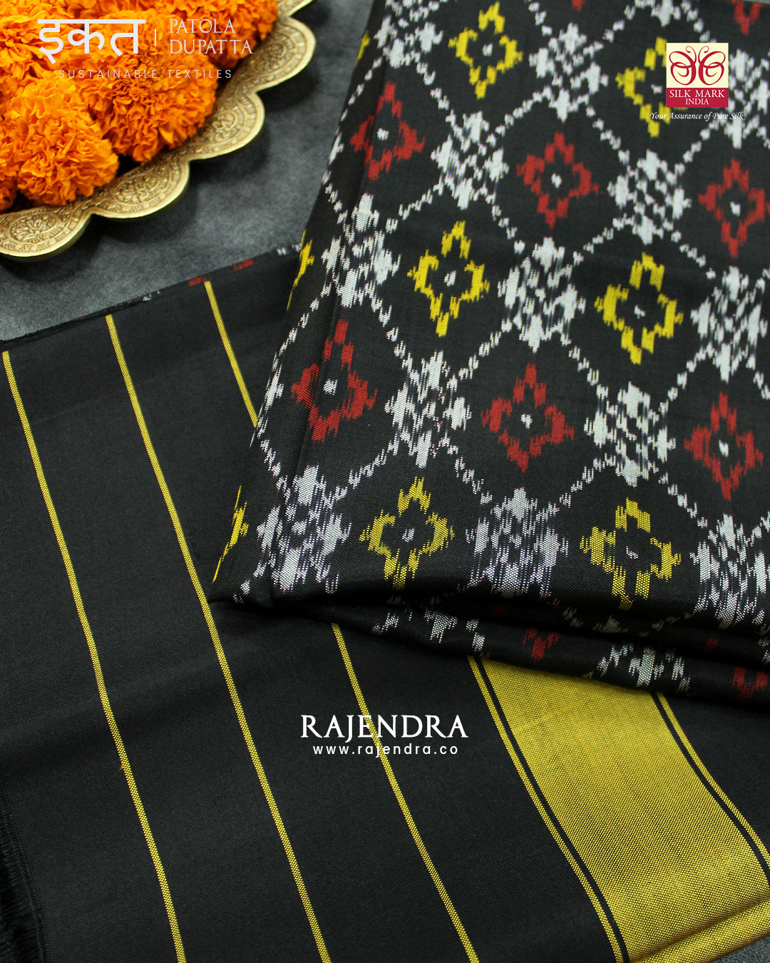Traditional Buttonful Bhat Black Single Ikat Rajkot Patola Dupatta