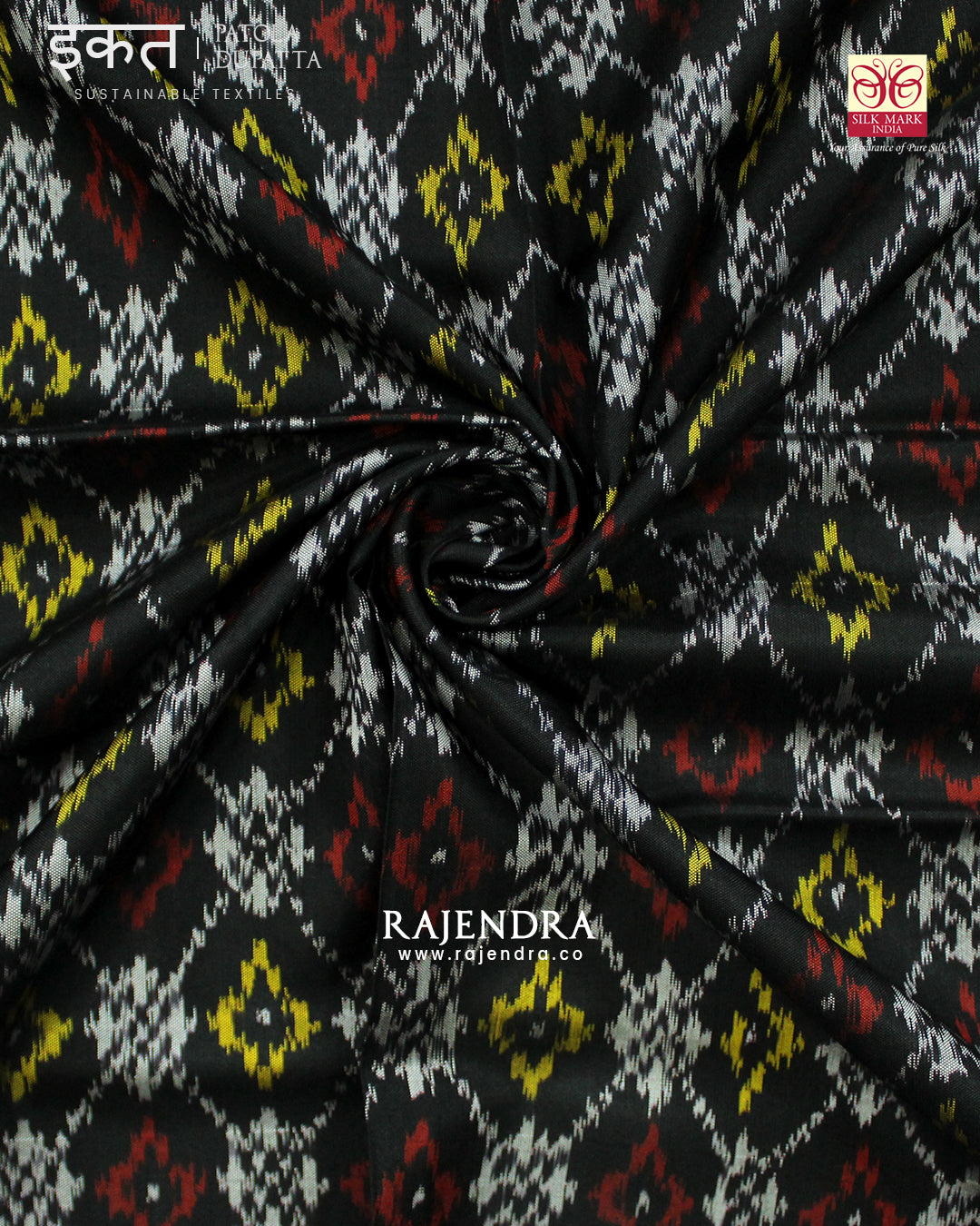 Traditional Buttonful Bhat Black Single Ikat Rajkot Patola Dupatta