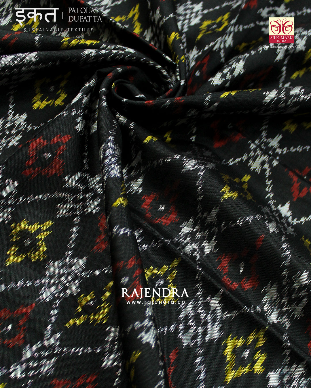Traditional Buttonful Bhat Black Single Ikat Rajkot Patola Dupatta