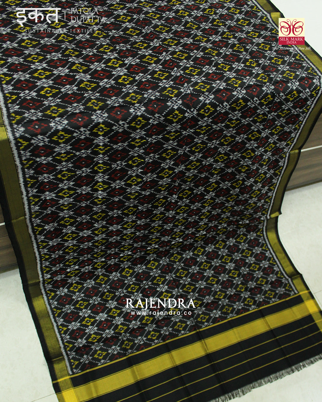 Traditional Buttonful Bhat Black Single Ikat Rajkot Patola Dupatta
