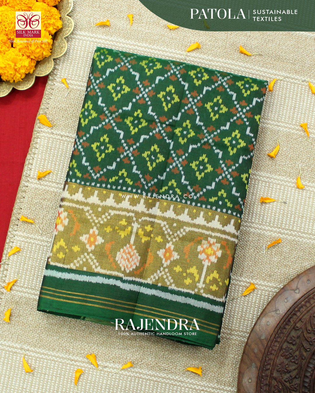 Traditional Buttonful Design Green Single Ikat Rajkot Patola Saree