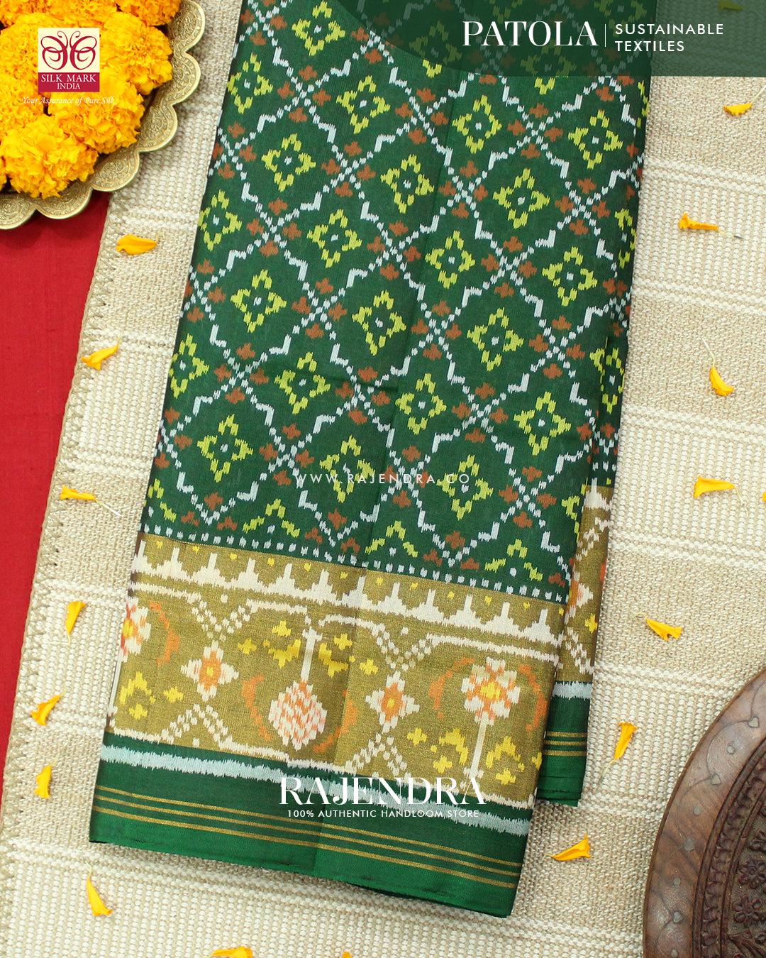 Traditional Buttonful Design Green Single Ikat Rajkot Patola Saree