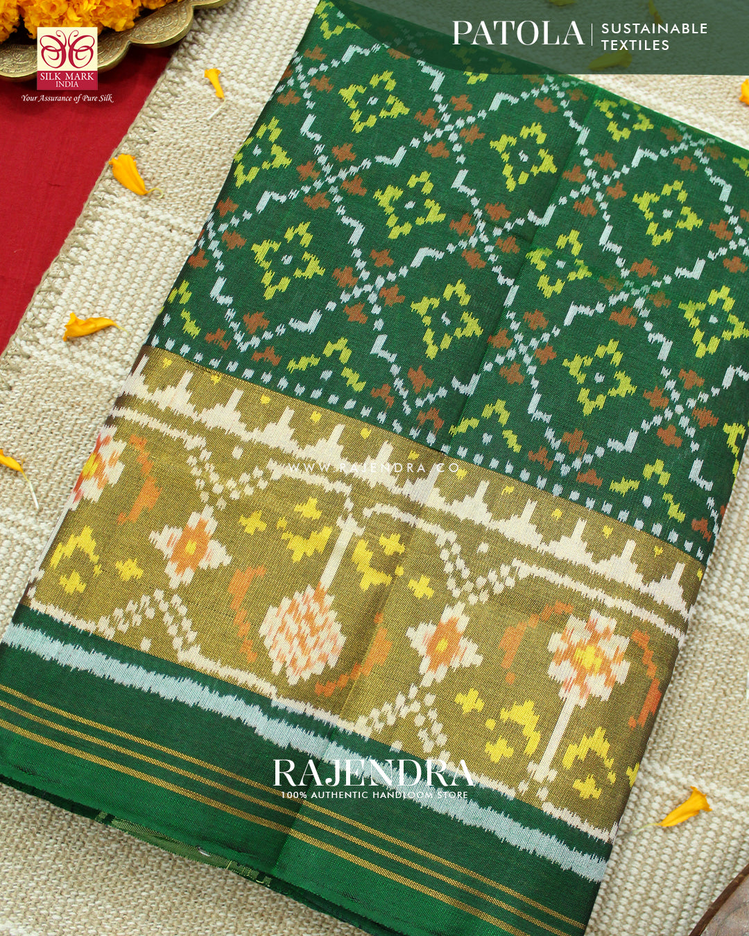 Traditional Buttonful Design Green Single Ikat Rajkot Patola Saree