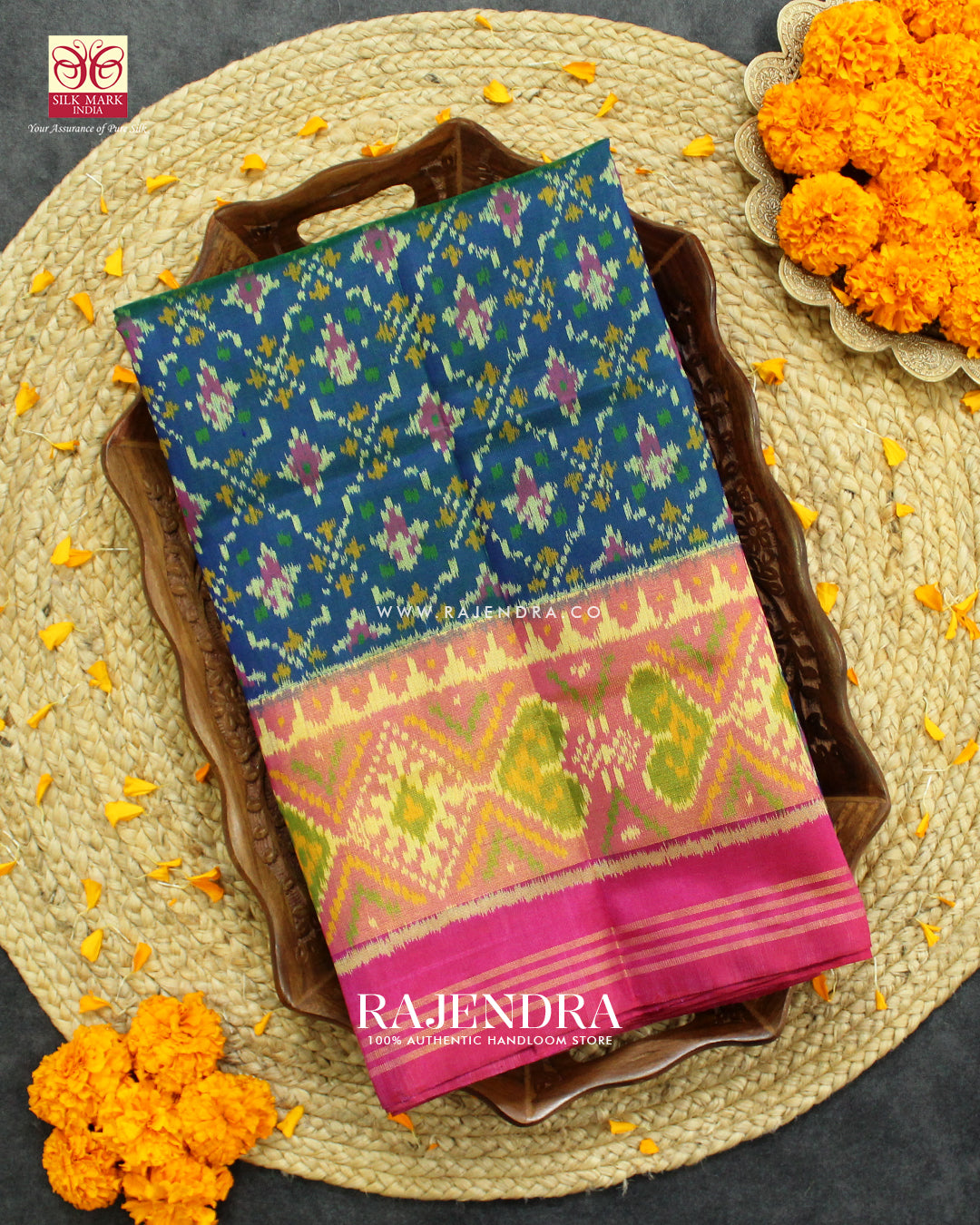 Traditional Buttonful Design Pink and Blue Single Ikat Rajkot Patola Saree
