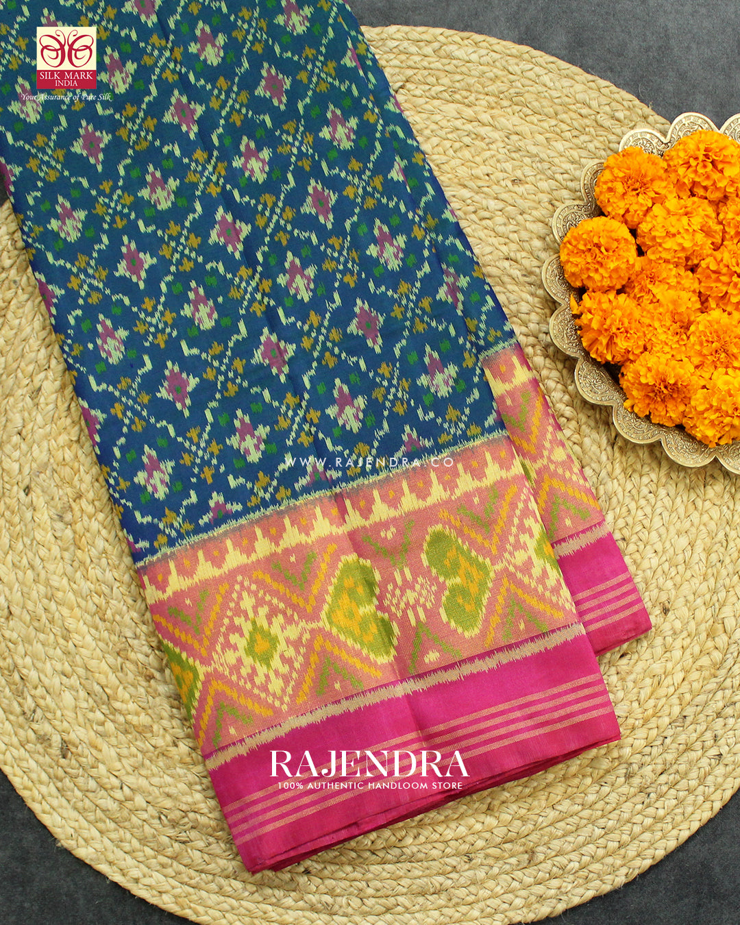 Traditional Buttonful Design Pink and Blue Single Ikat Rajkot Patola Saree