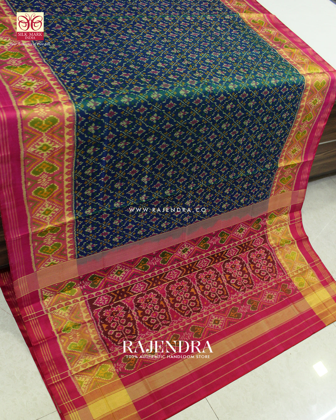 Traditional Buttonful Design Pink and Blue Single Ikat Rajkot Patola Saree