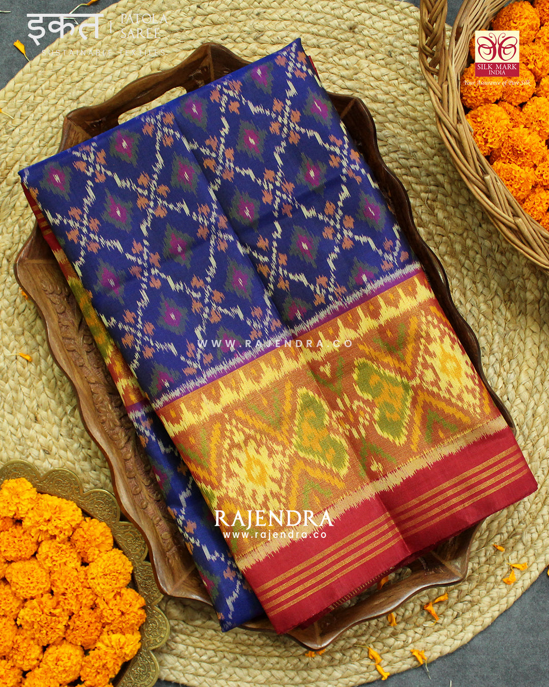 Traditional Buttonful Design Red and Blue Single Ikat Rajkot Patola Saree