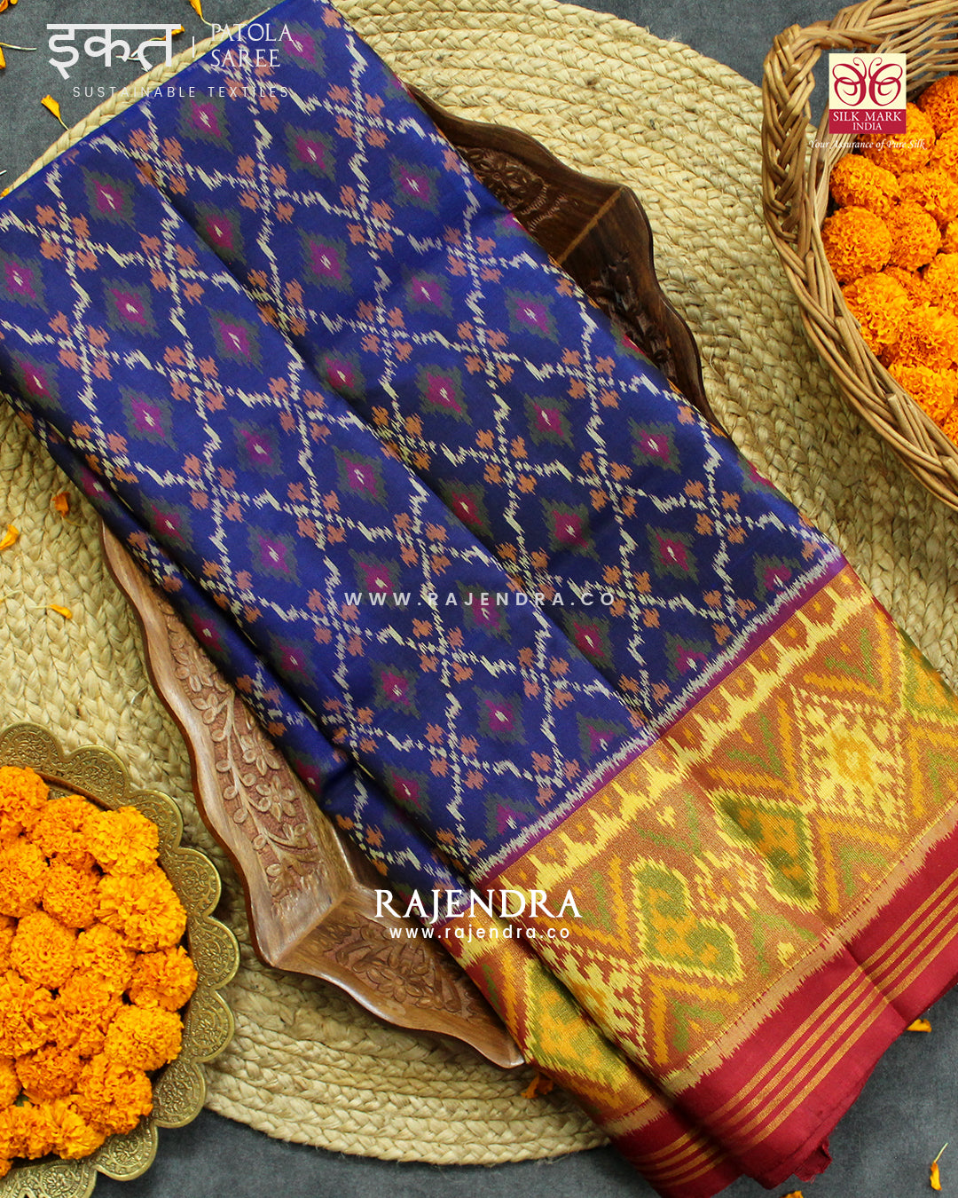 Traditional Buttonful Design Red and Blue Single Ikat Rajkot Patola Saree