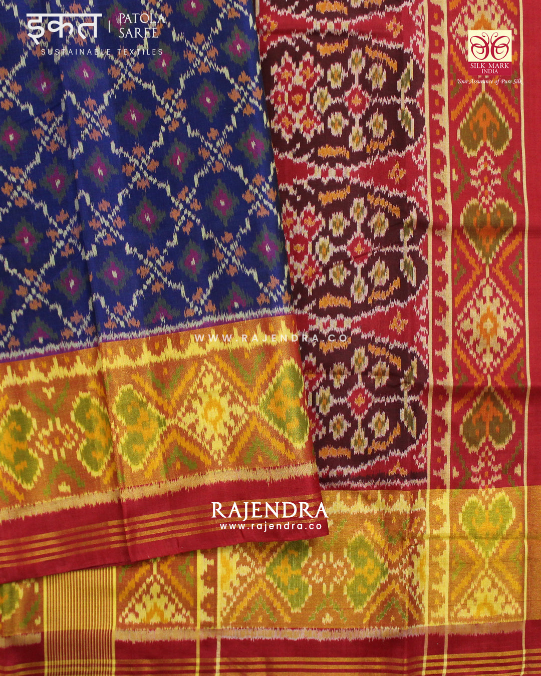 Traditional Buttonful Design Red and Blue Single Ikat Rajkot Patola Saree