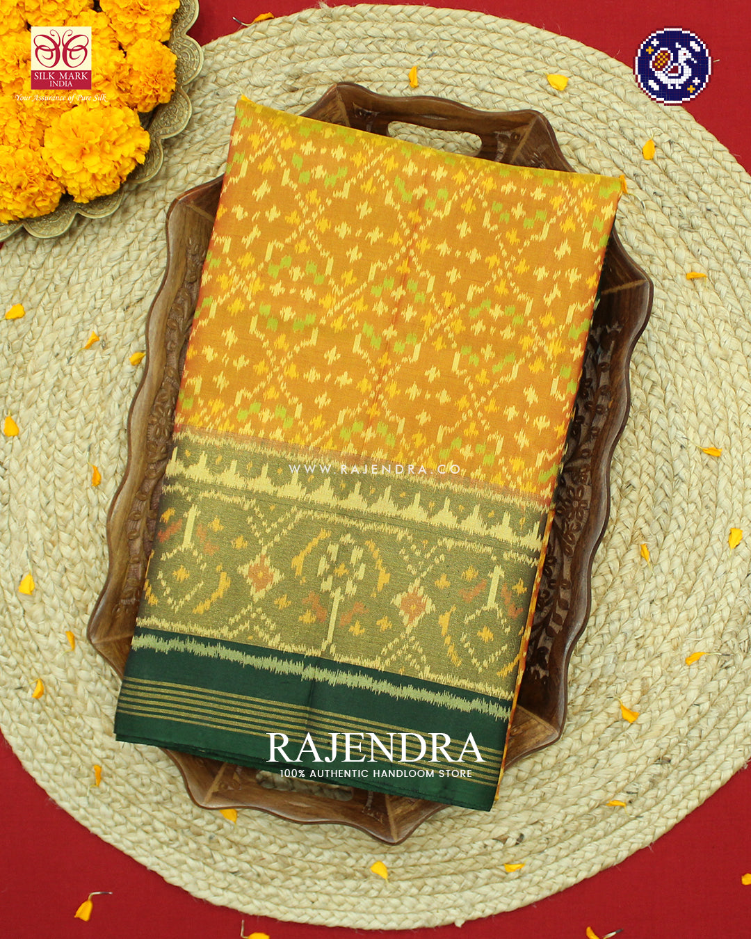 Traditional Buttonful Design Green Mustard Rajkot Patola Saree