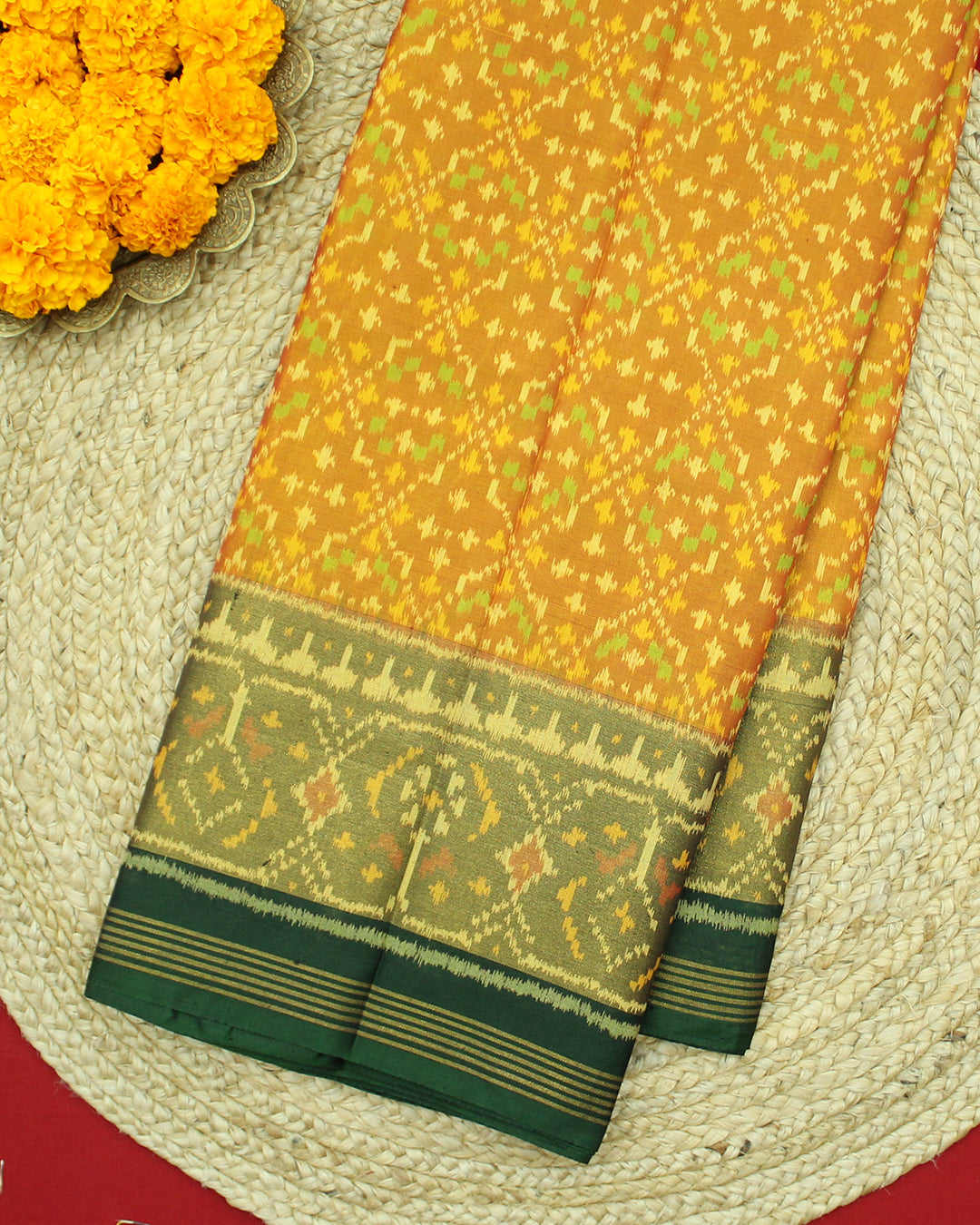 Traditional Buttonful Design Green Mustard Rajkot Patola Saree