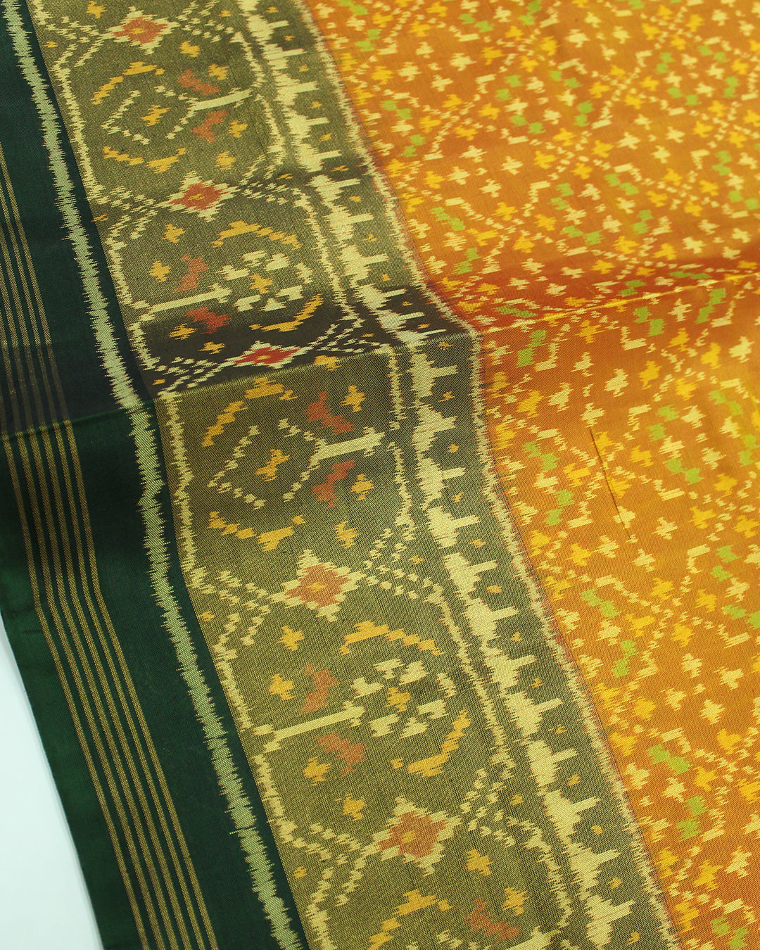 Traditional Buttonful Design Green Mustard Rajkot Patola Saree