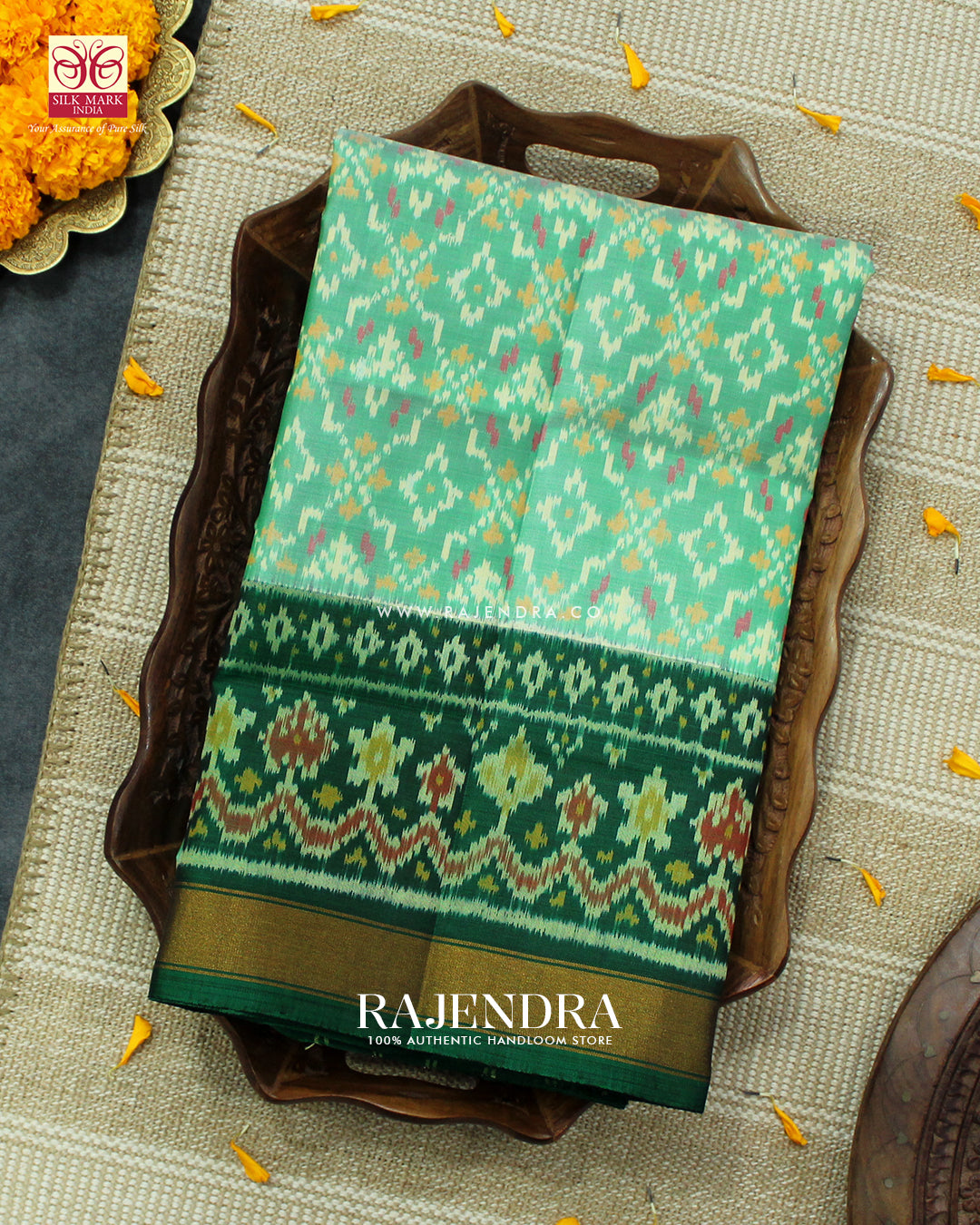Traditional Buttonful Design Pista and Green Single Ikat Rajkot Patola Saree