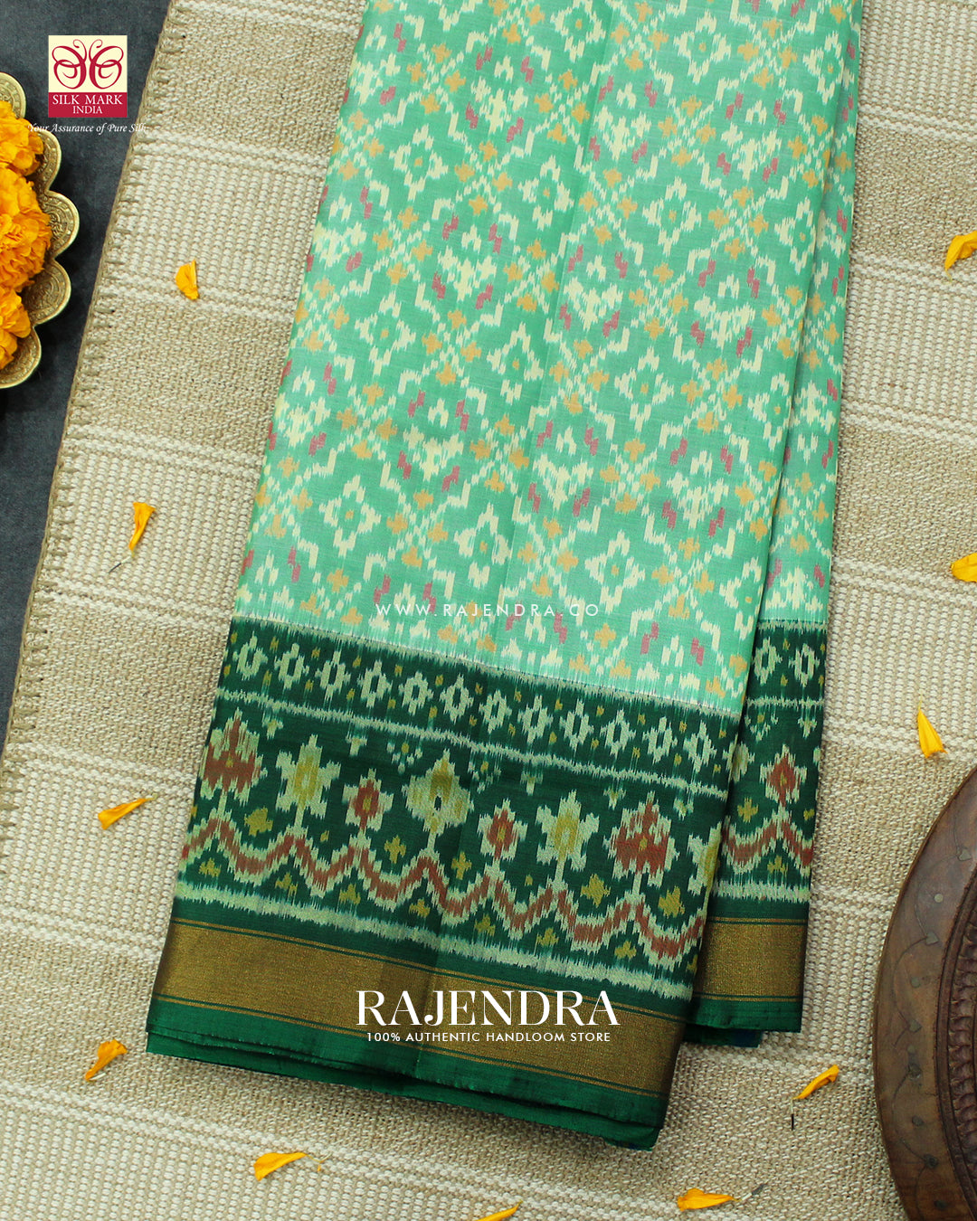 Traditional Buttonful Design Pista and Green Single Ikat Rajkot Patola Saree