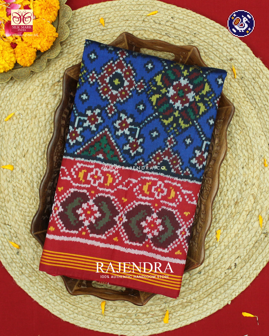 Traditional Navratna Design Red and Blue Ikat Patola Saree