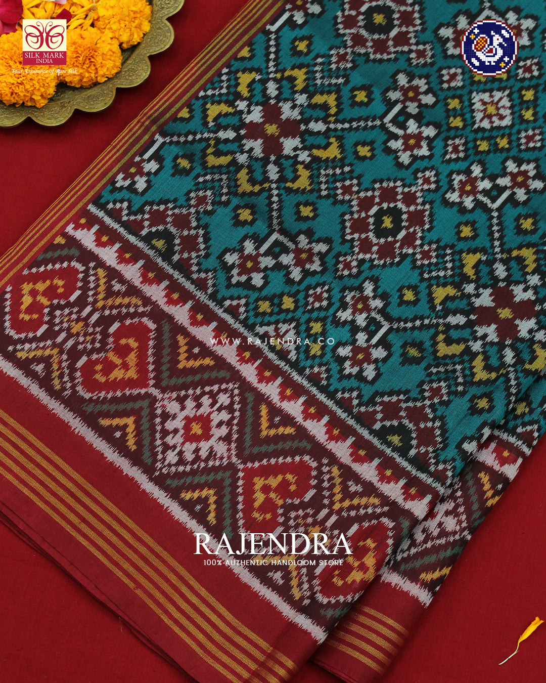 Traditional Navratna Design Red and Sea Green Ikat Rajkot Patola Saree