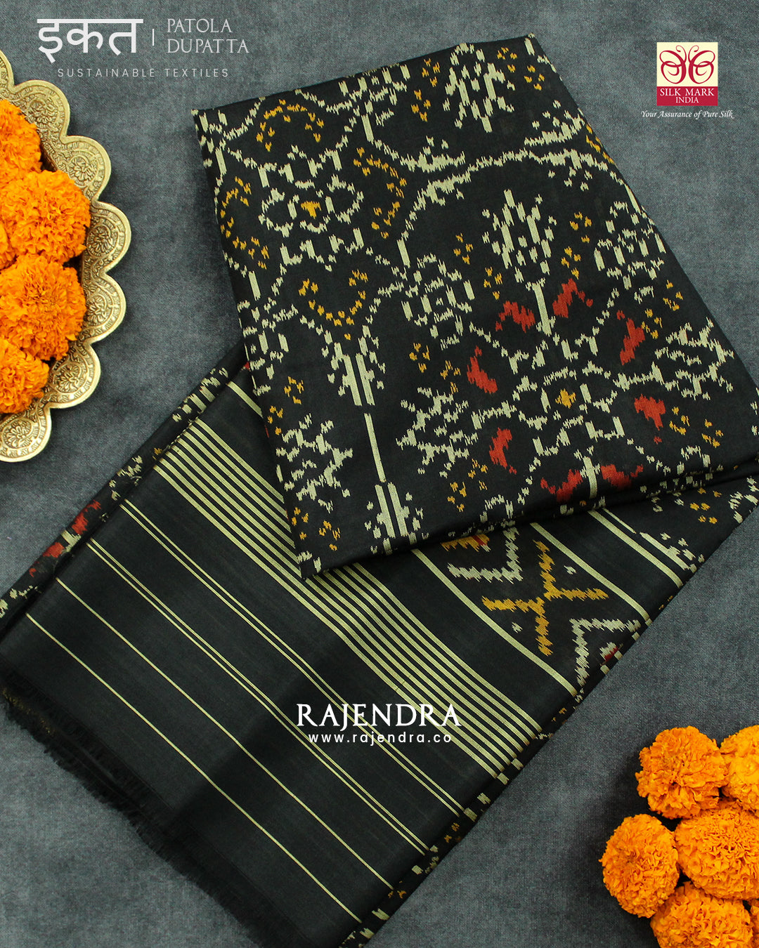 Traditional Chabadi Bhat Black Single Ikat Rajkot Patola Dupatta