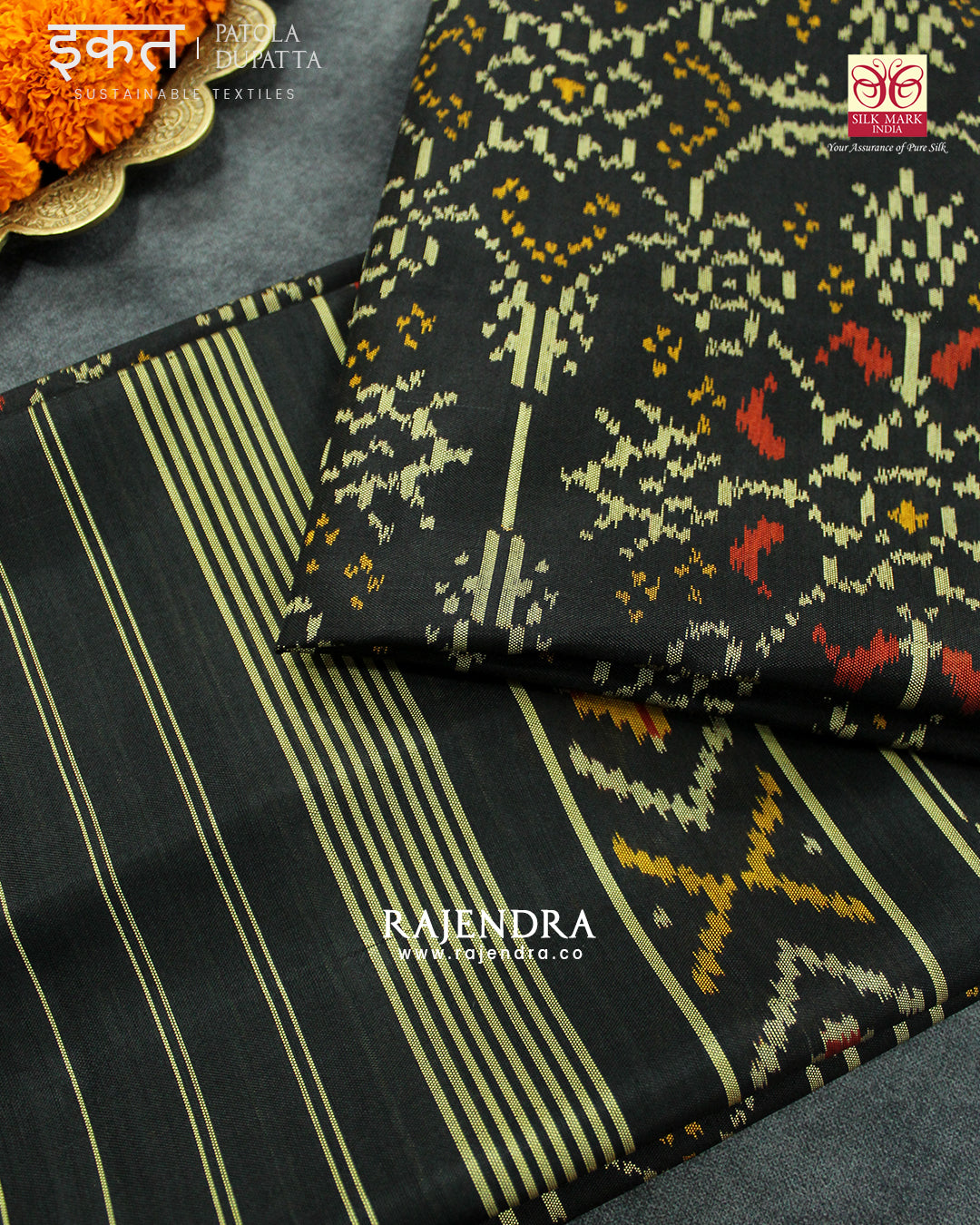 Traditional Chabadi Bhat Black Single Ikat Rajkot Patola Dupatta