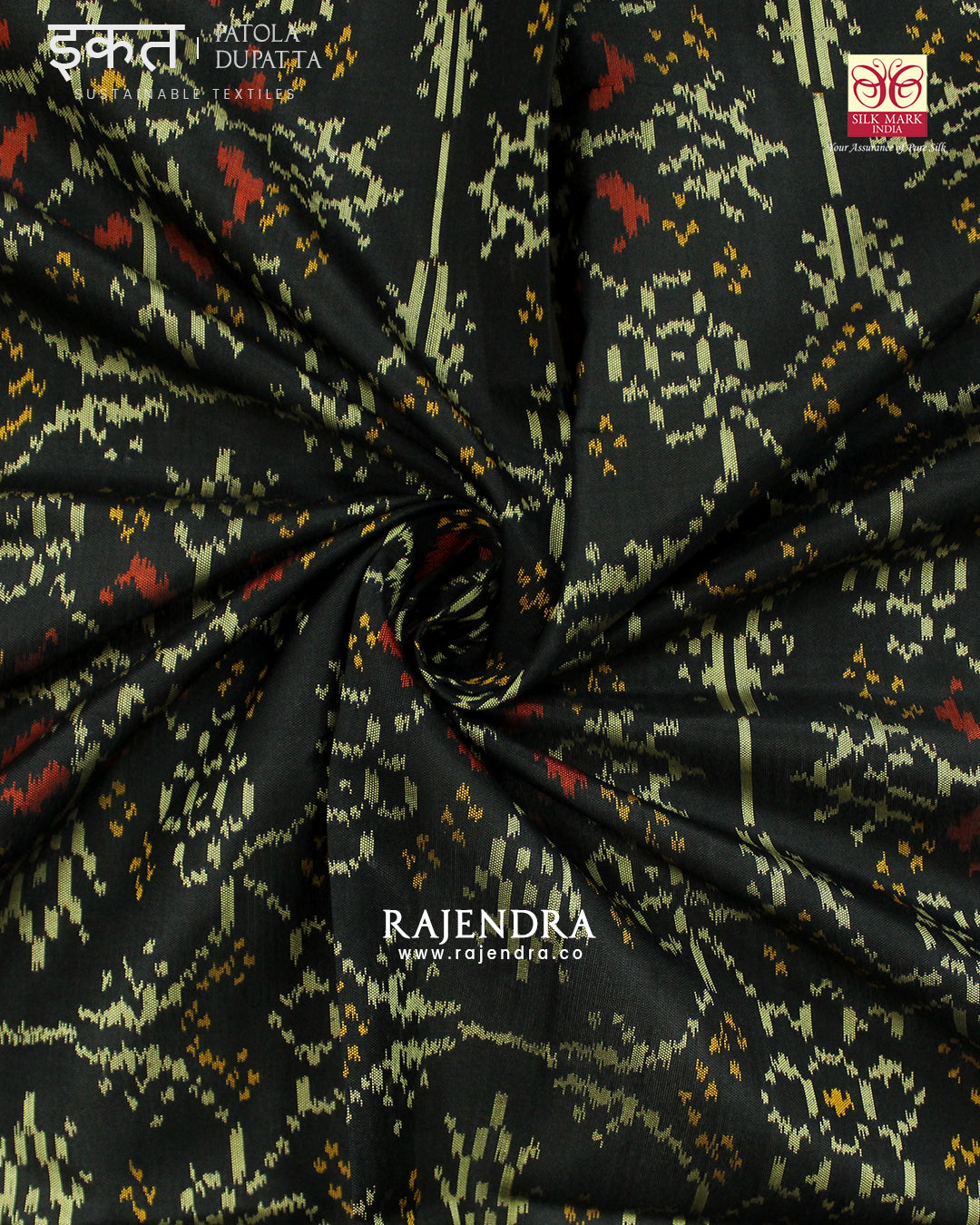 Traditional Chabadi Bhat Black Single Ikat Rajkot Patola Dupatta