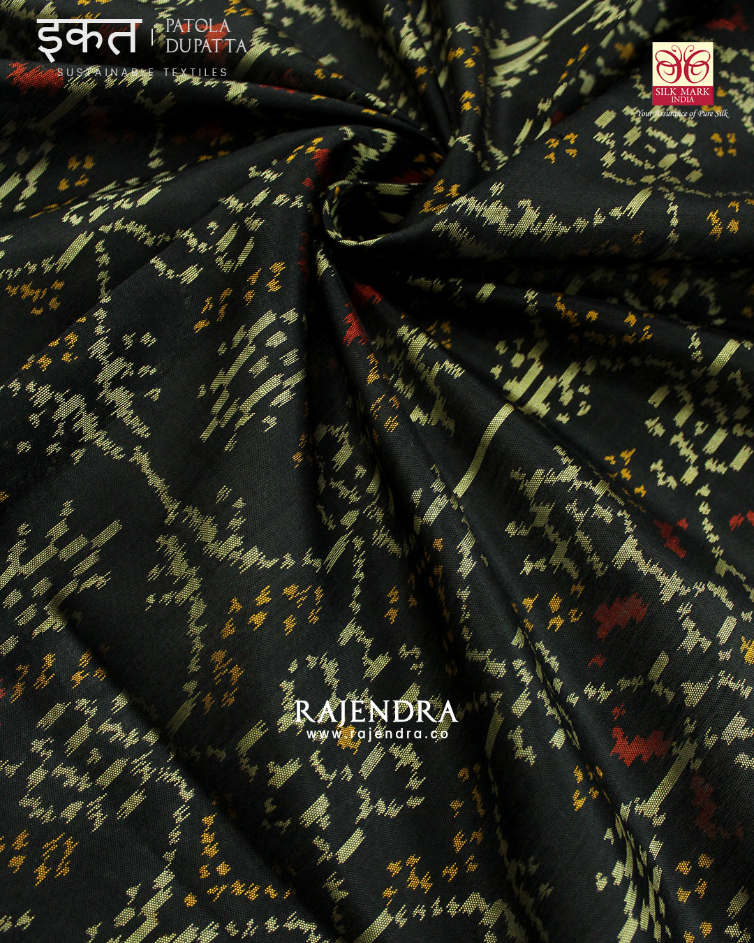 Traditional Chabadi Bhat Black Single Ikat Rajkot Patola Dupatta