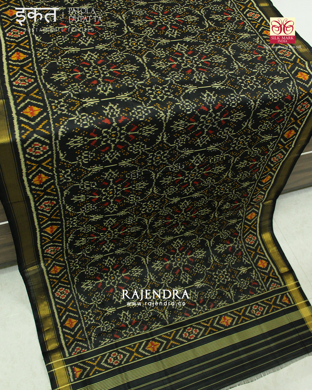 Traditional Chabadi Bhat Black Single Ikat Rajkot Patola Dupatta