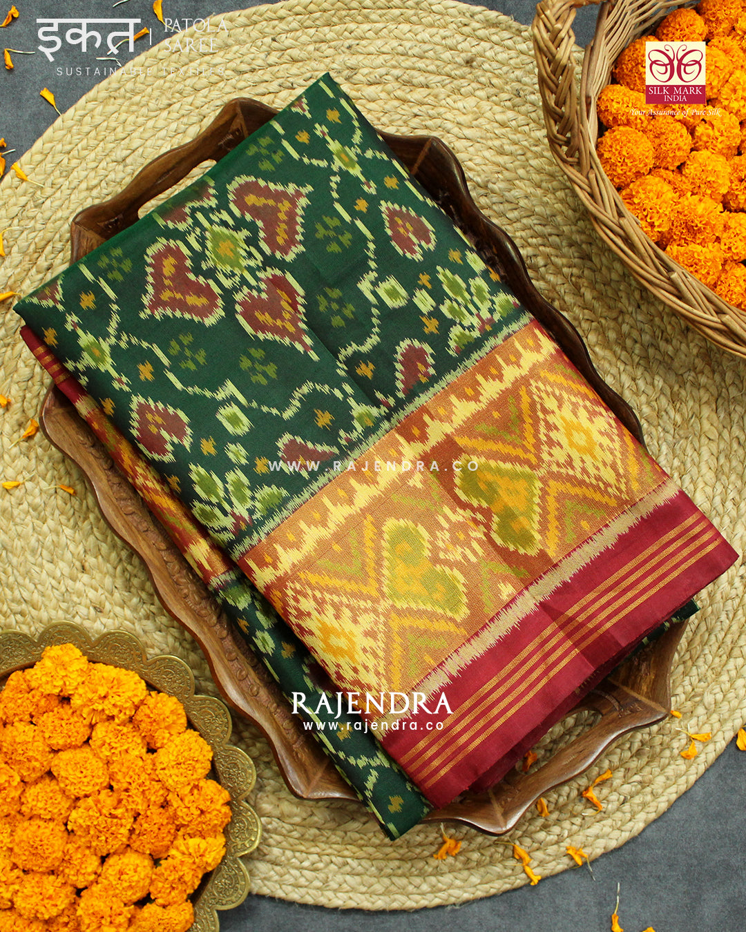 Traditional Chabadi Design Red and Green Single Ikat Rajkot Patola Saree
