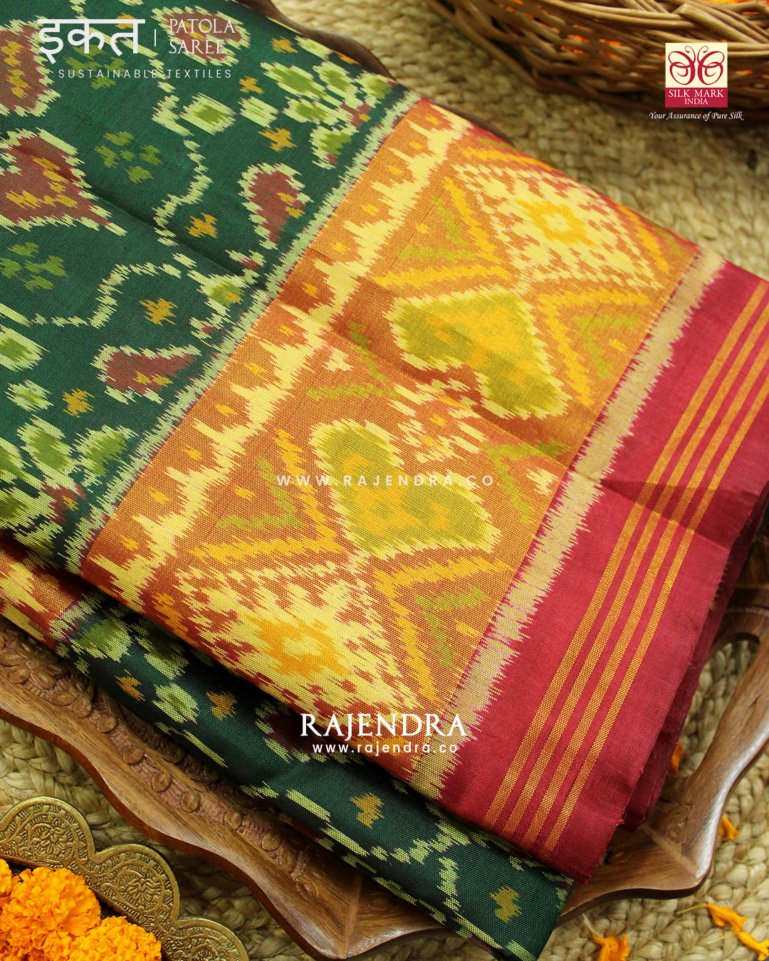 Traditional Chabadi Design Red and Green Single Ikat Rajkot Patola Saree