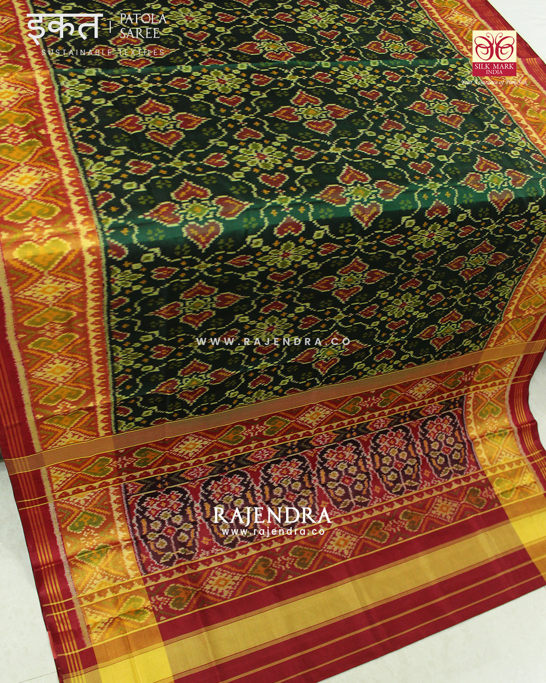 Traditional Chabadi Design Red and Green Single Ikat Rajkot Patola Saree