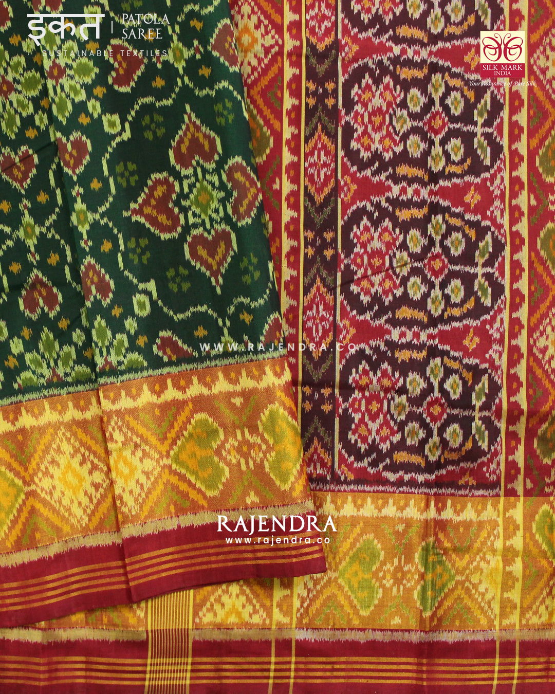 Traditional Chabadi Design Red and Green Single Ikat Rajkot Patola Saree