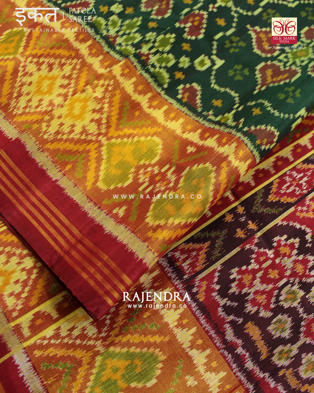 Traditional Chabadi Design Red and Green Single Ikat Rajkot Patola Saree
