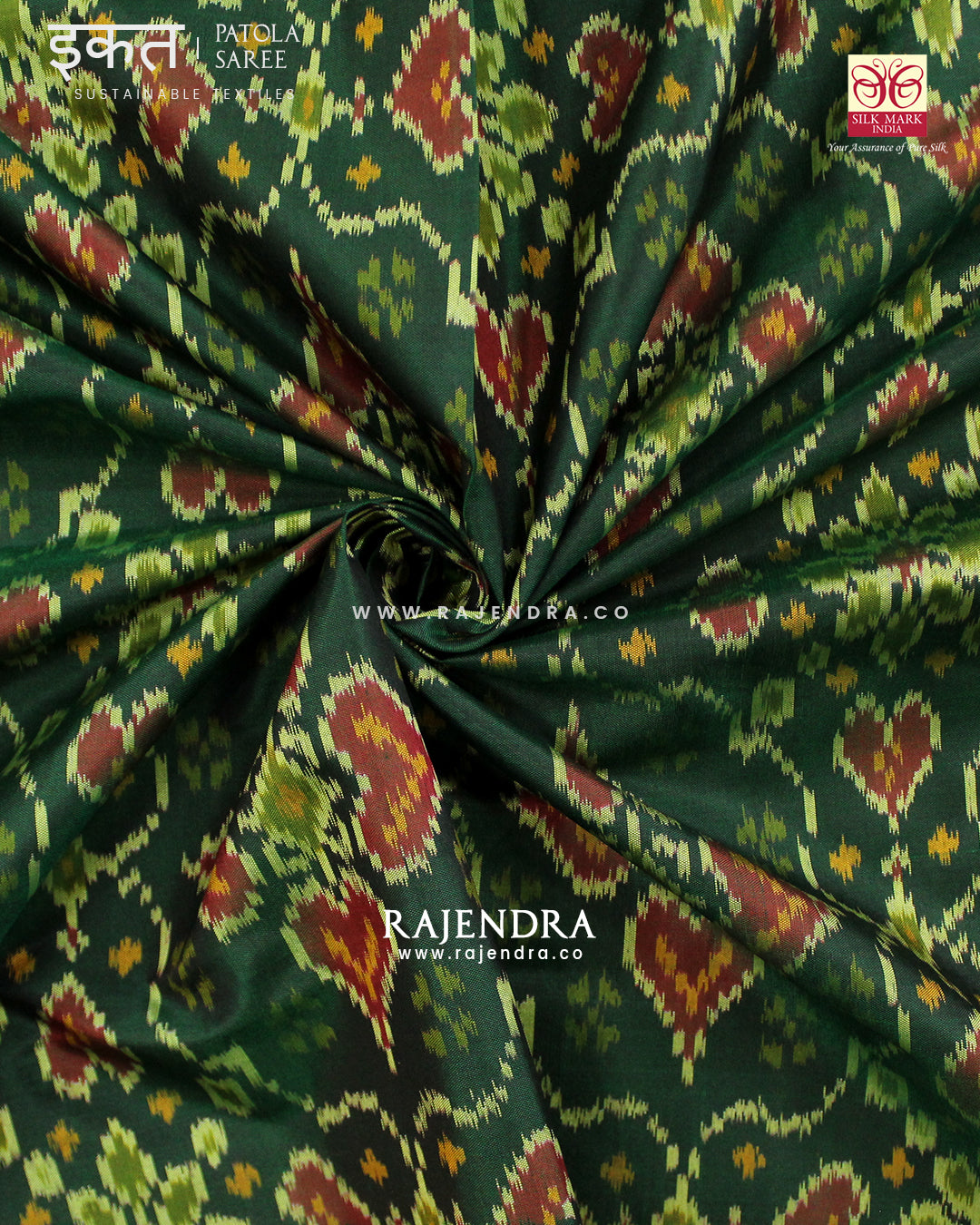 Traditional Chabadi Design Red and Green Single Ikat Rajkot Patola Saree
