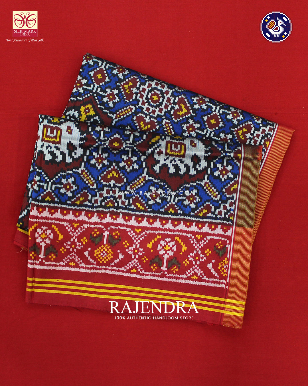 Traditional Chabadi Elephant Red and Blue Ikat Rajkot Patola Saree