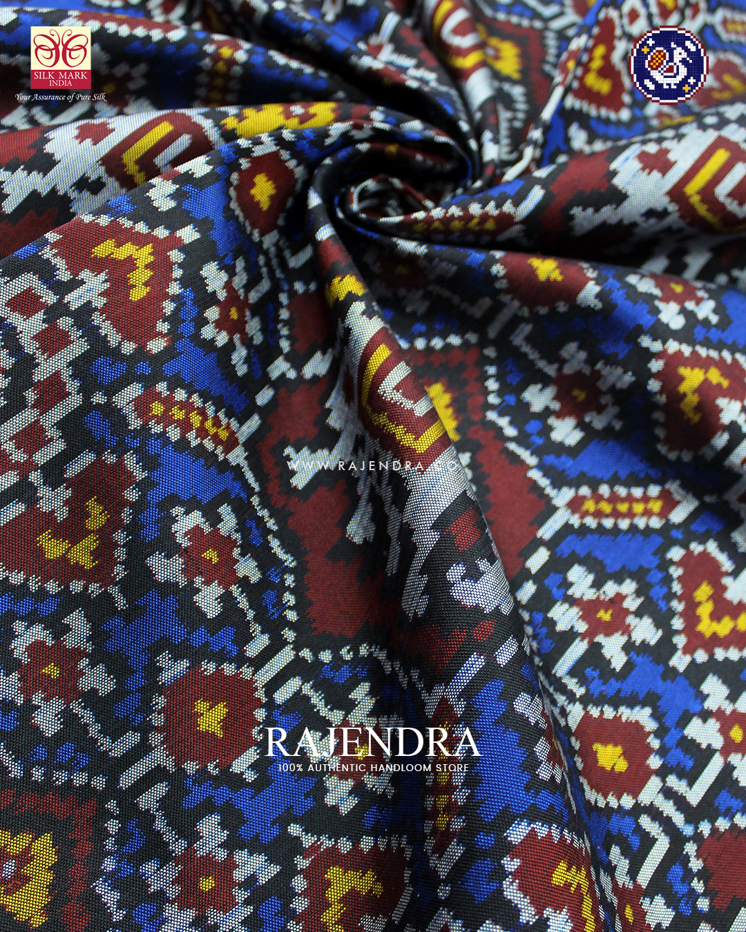 Traditional Chabadi Elephant Red and Blue Ikat Rajkot Patola Saree