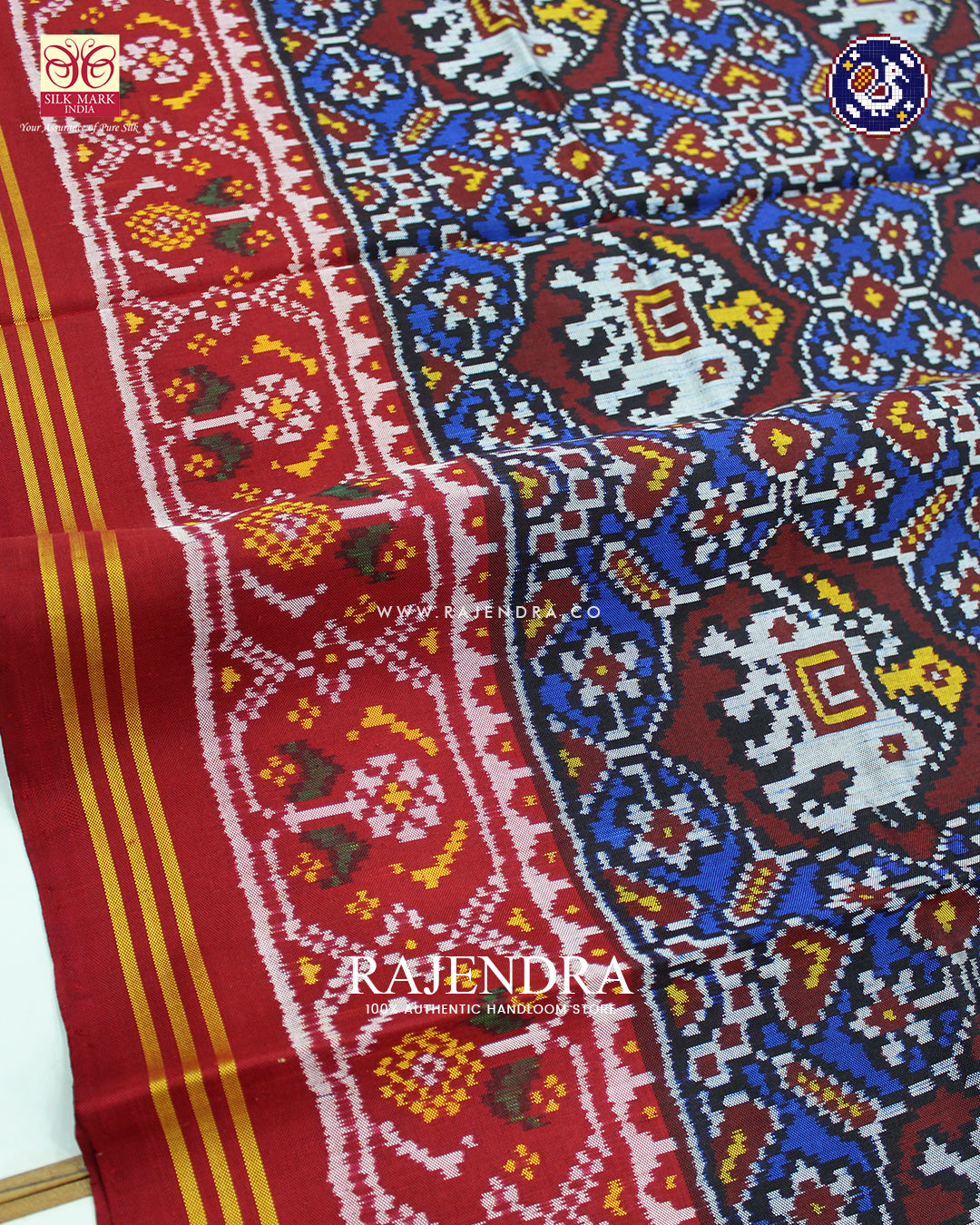 Traditional Chabadi Elephant Red and Blue Ikat Rajkot Patola Saree