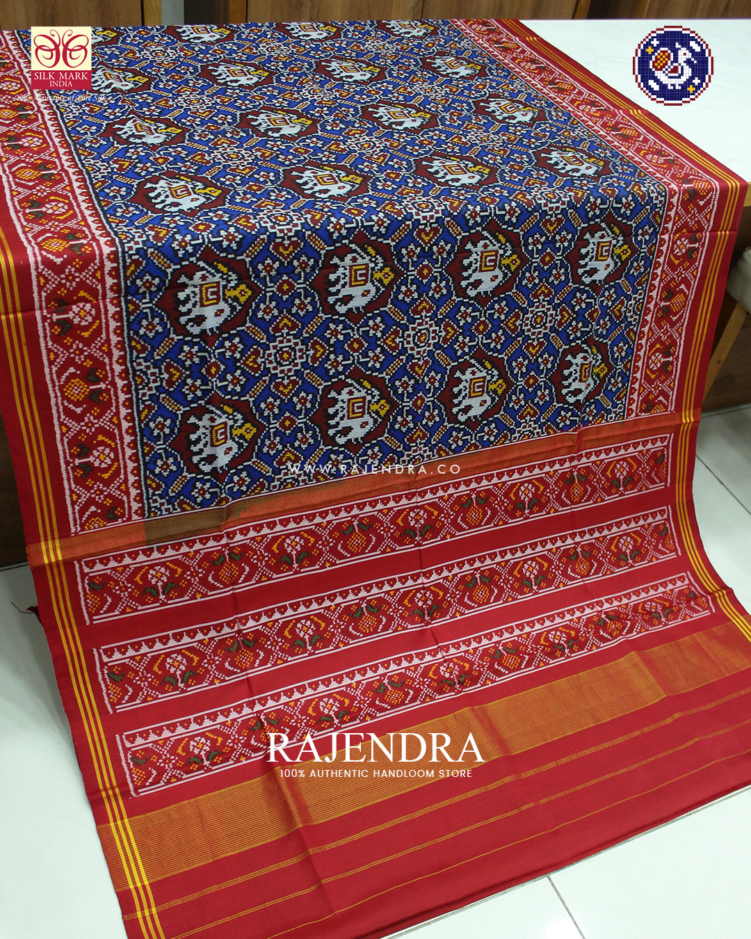 Traditional Chabadi Elephant Red and Blue Ikat Rajkot Patola Saree