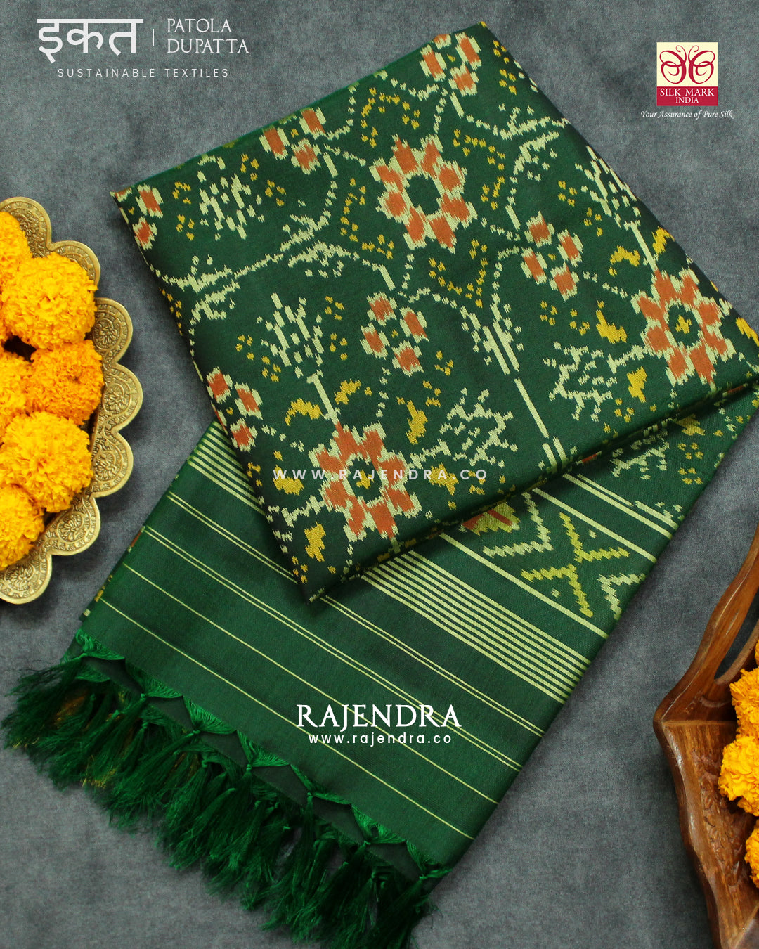 Traditional Chabadi Green Single Ikat Rajkot Patola Dupatta
