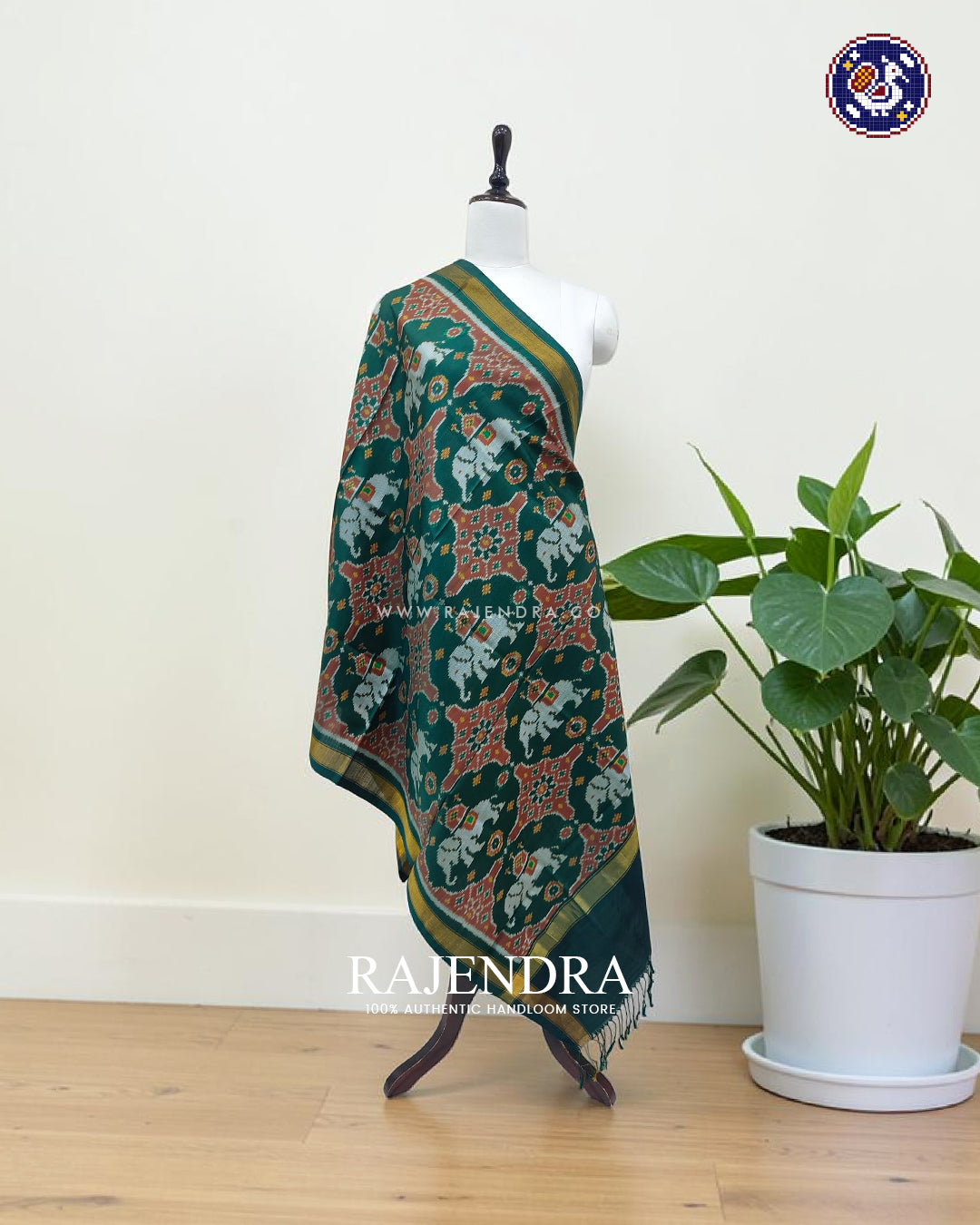 Exclusive Elephant Motif Dark Green Single Ikat Rajkot Patola Dupatta