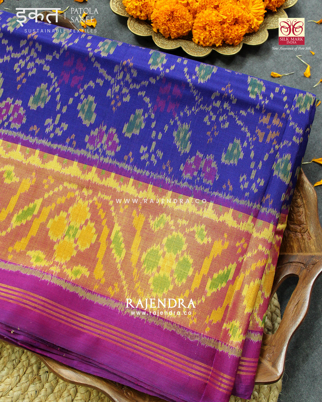 Traditional Chabadi Design Pink and Blue Single Ikat Rajkot Patola Saree