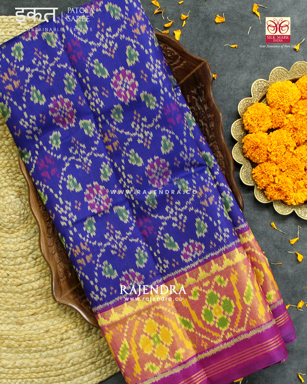 Traditional Chabadi Design Pink and Blue Single Ikat Rajkot Patola Saree