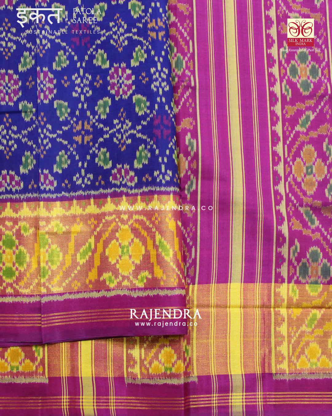 Traditional Chabadi Design Pink and Blue Single Ikat Rajkot Patola Saree