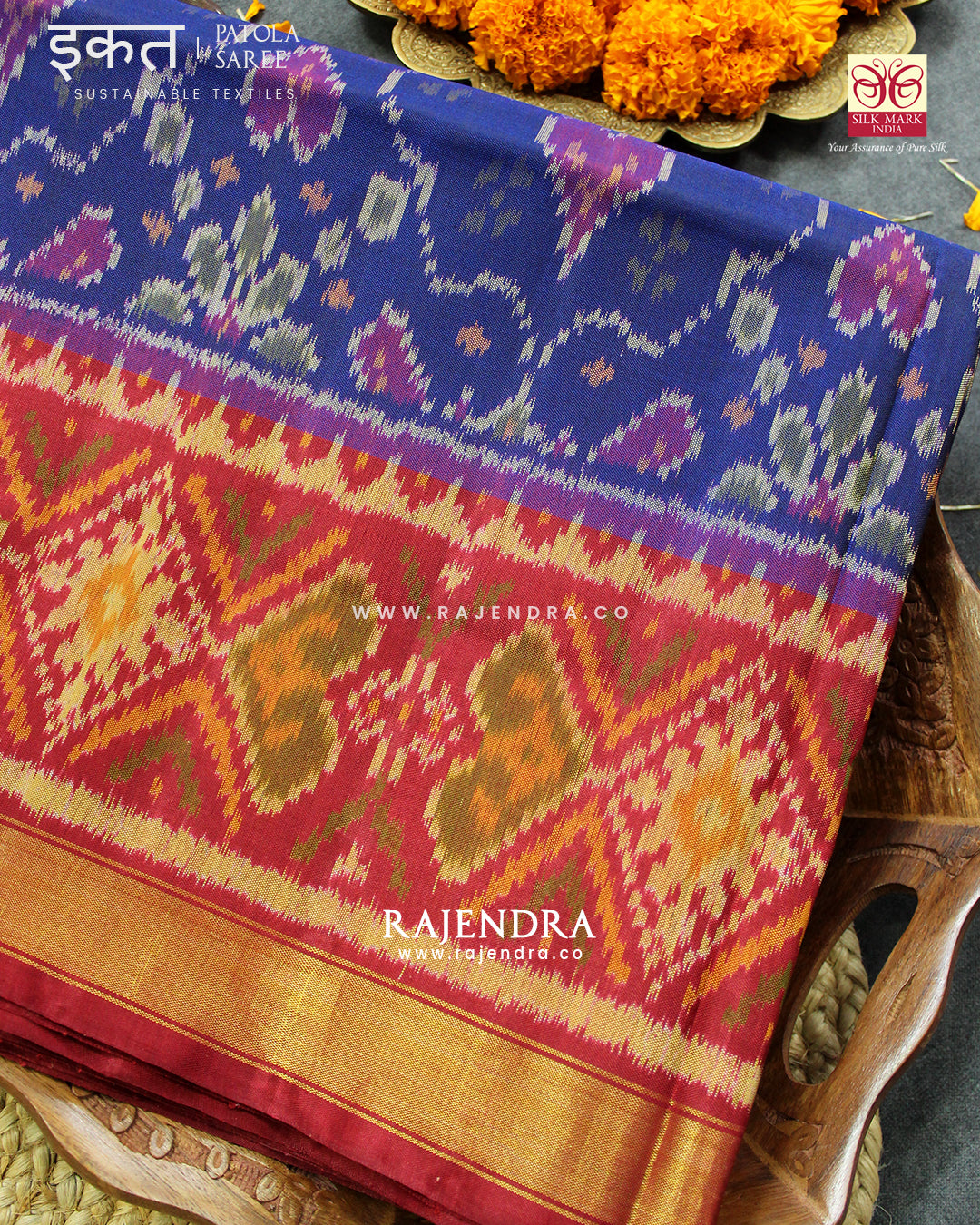 Traditional Chabadi Design Red Blue Single Ikat Rajkot Patola Saree
