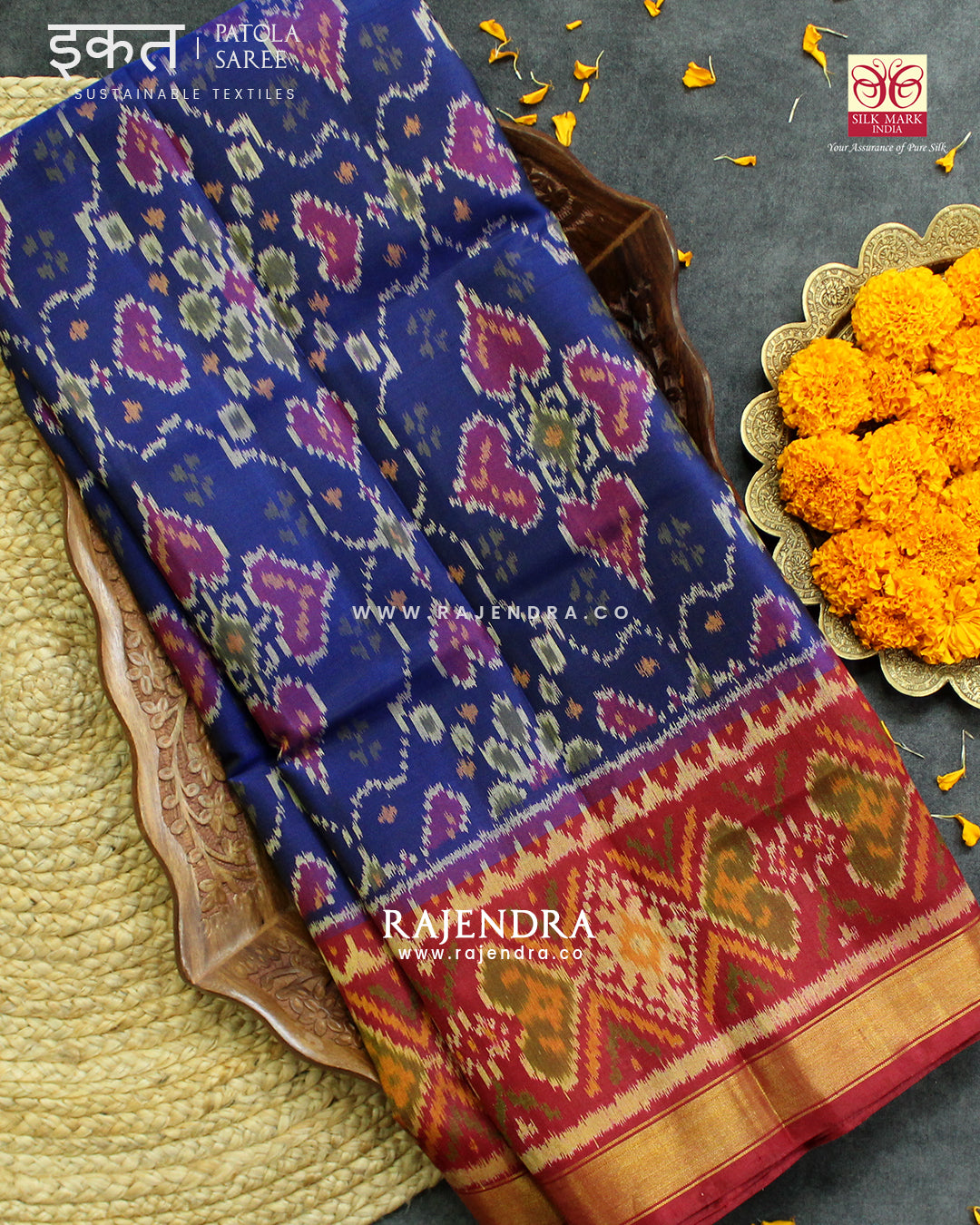 Traditional Chabadi Design Red Blue Single Ikat Rajkot Patola Saree