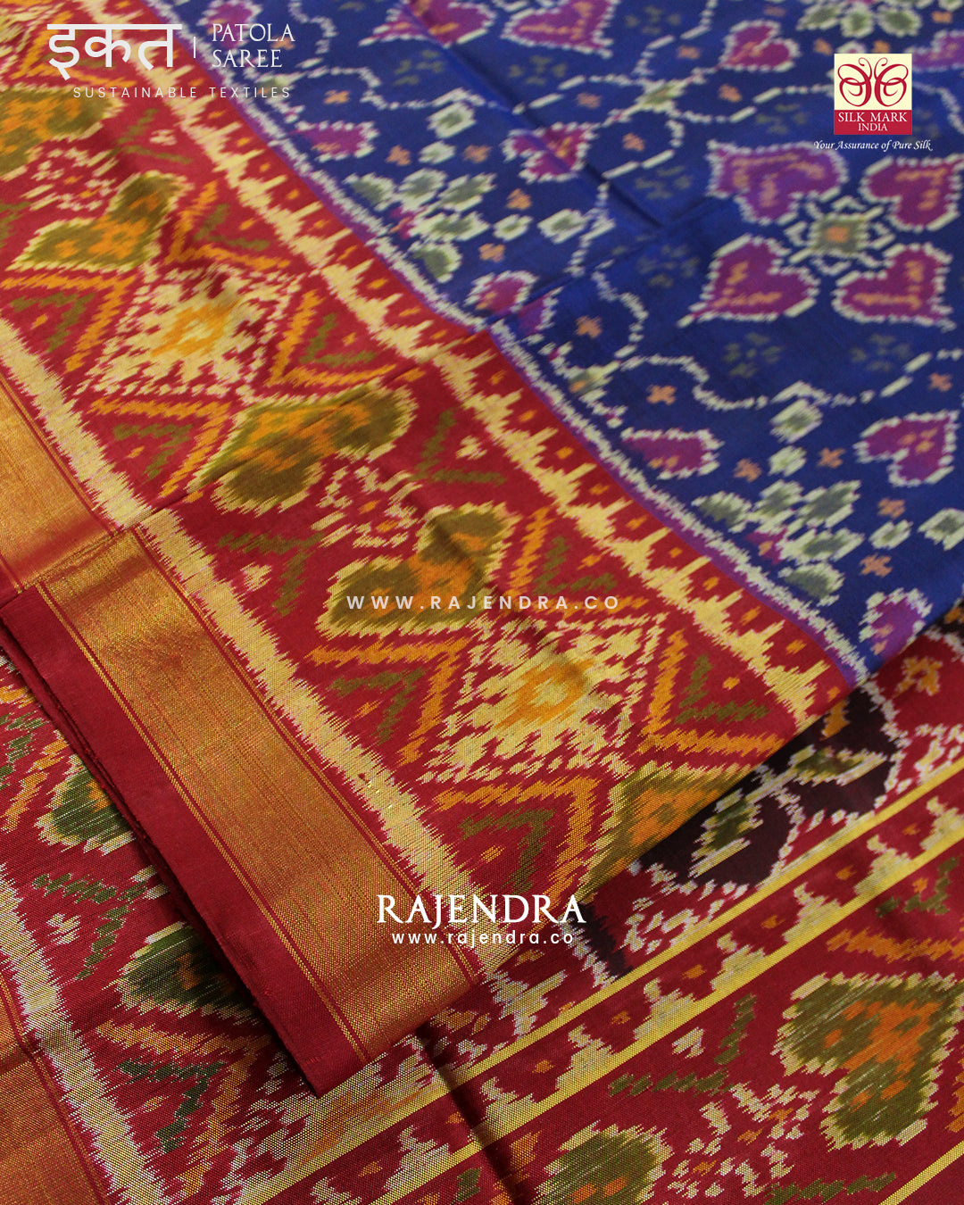 Traditional Chabadi Design Red Blue Single Ikat Rajkot Patola Saree